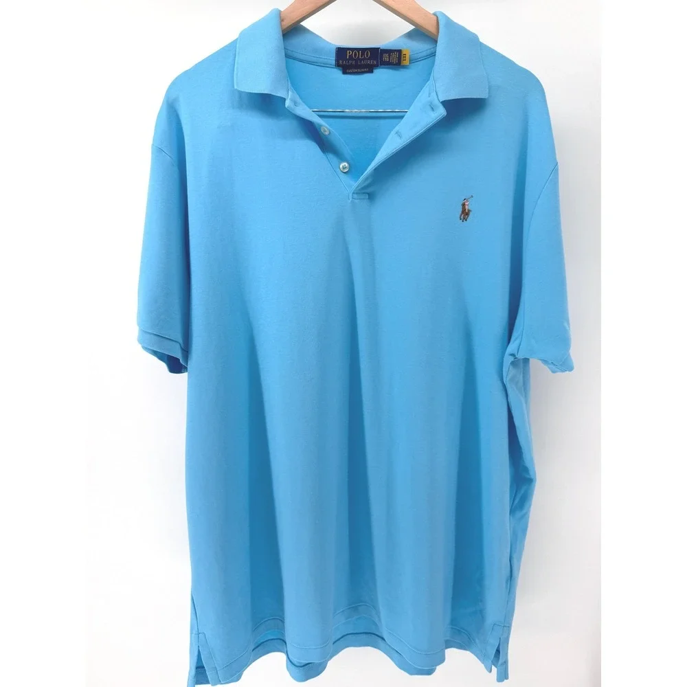 Polo Ralph Lauren Polo Shirt Mens XXL‎ Blue Custom Slim Fit Flesh Pony